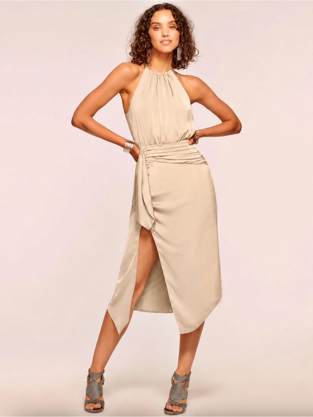 NWT - Ramy Brook Amanda Dress in color Flax -Champagne Beige Shiny Satin -Size 6